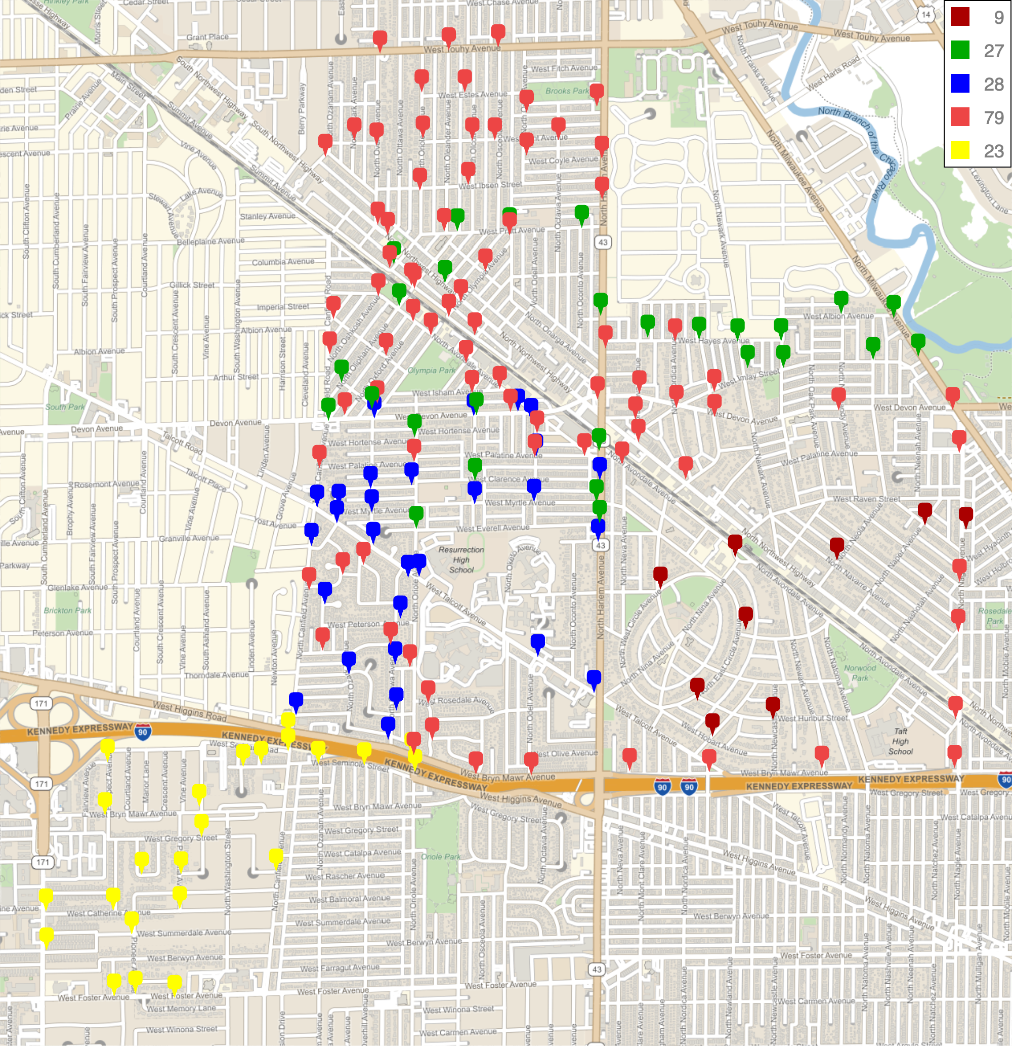Street map showing locations of 166 sidewalk bears